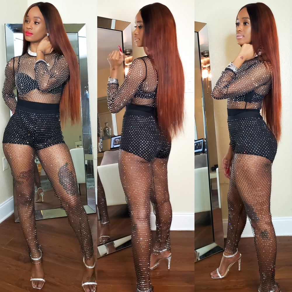 Mesh rhinestone pants